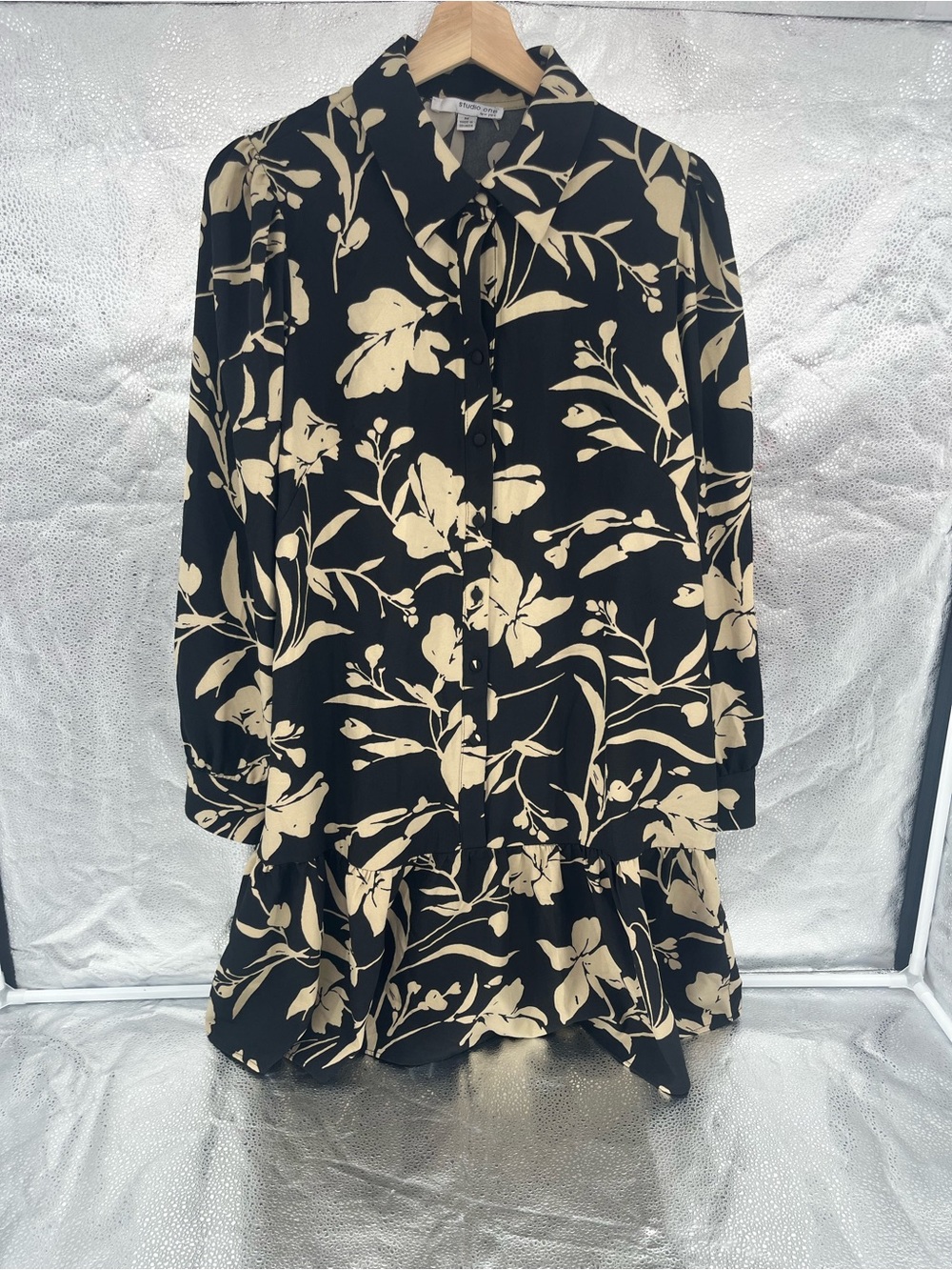 Black Tan Floral Print Long Sleeve Tunic Dress Drop Waist Dark Academia Retro M